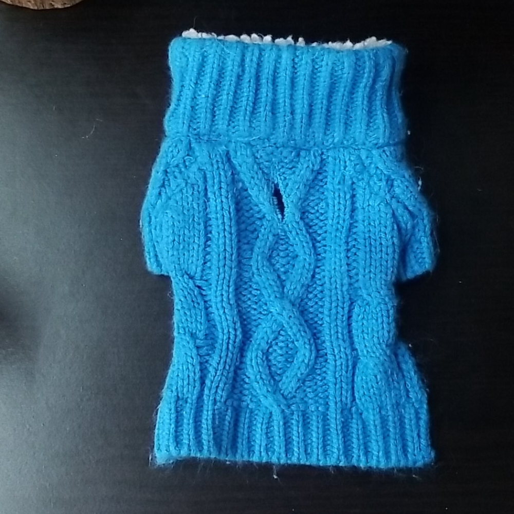 Blue Knit Cable Dog Sweater with Sherpa Collar